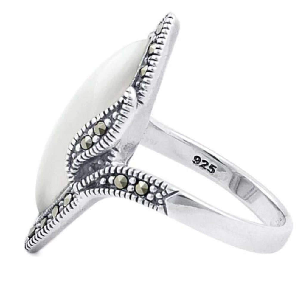 Mother Of Pearl Marcasite Ring 925 Sterling Silver Marquise Women's - Picture 13 of 15
